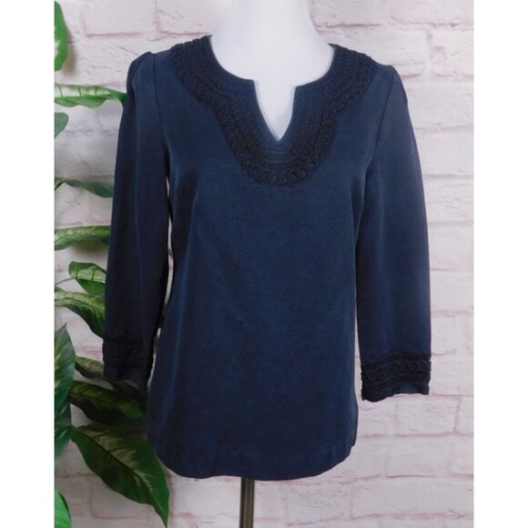 Vineyard Vines Navy Blue Cotton Silk Blend Embroidered Boho Top Size 2 - Picture 1 of 11